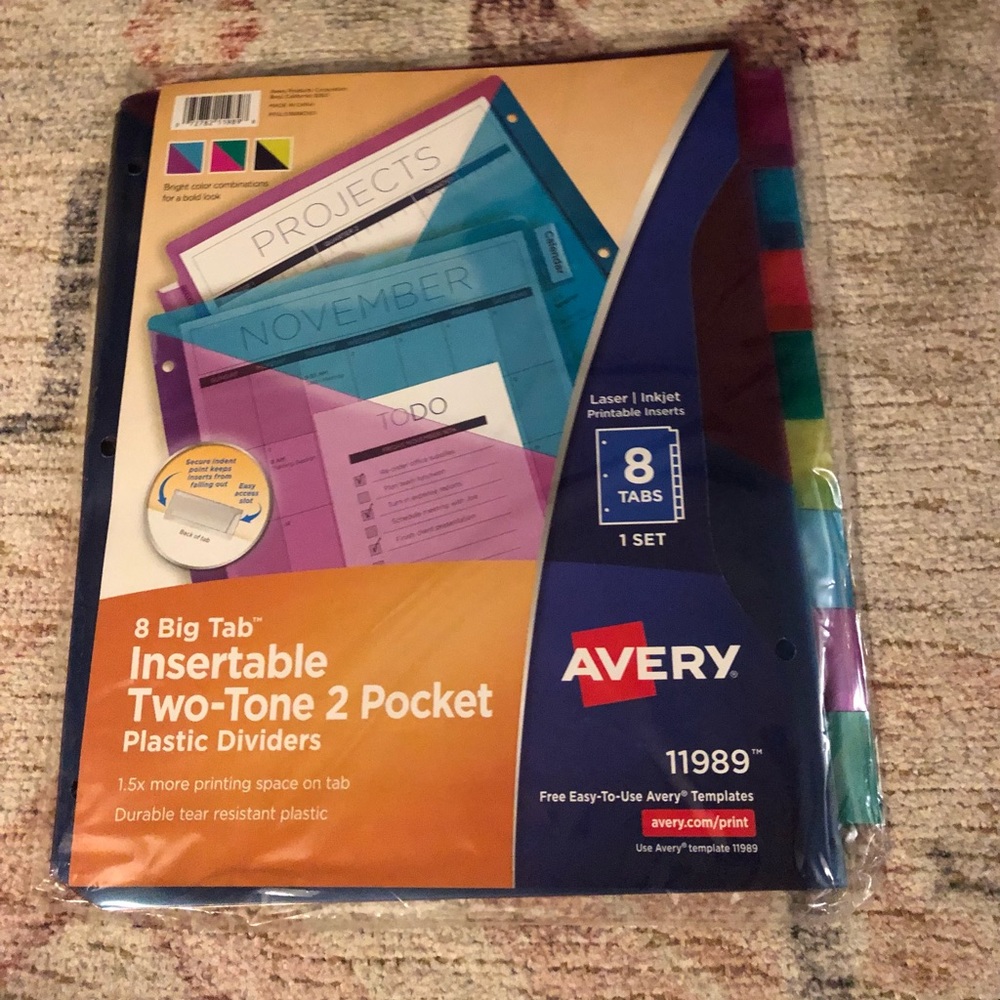 AVERY Big Tab Insertable Plastic 2Tone 2 Pocket Plastic Dividers Set of 8ct-1pk